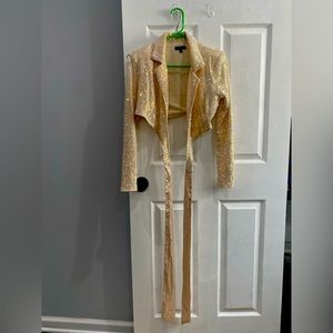 Privy. Sequin iridescent sparkly crop jacket/top with padded shoulders.